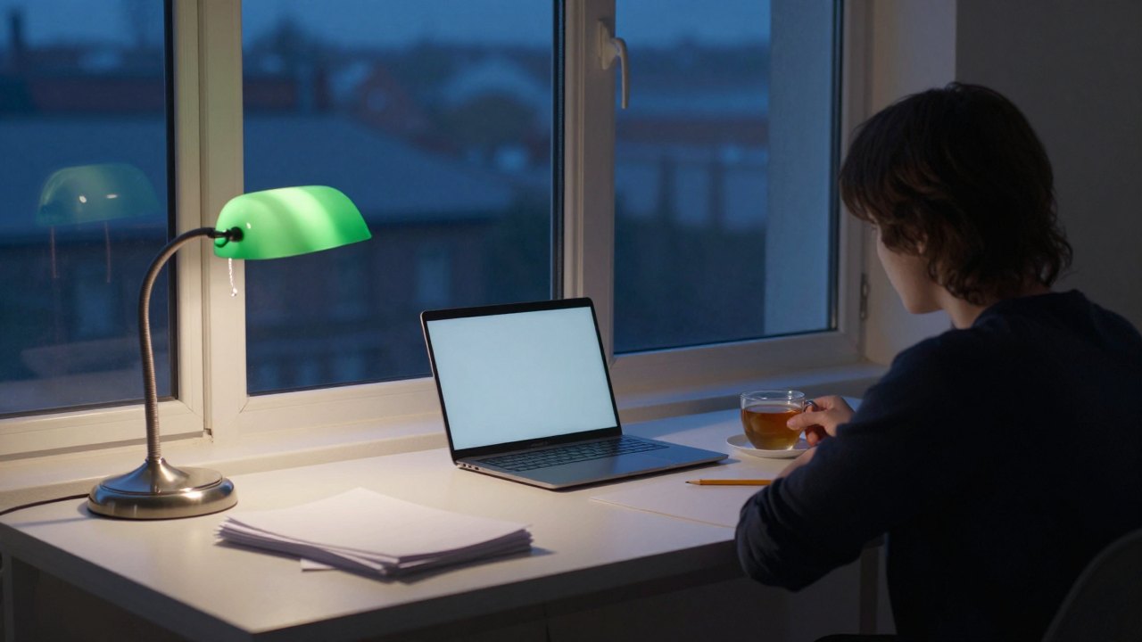 Writer seen from behind at a desk by a window in evening light