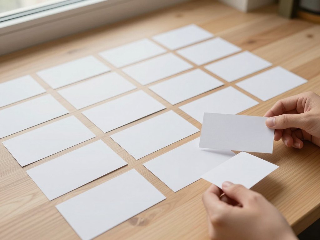 Hands rearranging blank cards in a large grid on a wooden floor