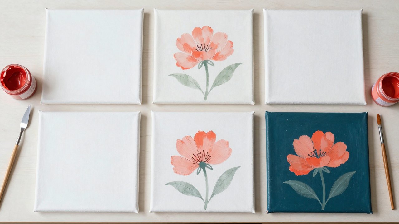 Table with canvas panels in different stages of sculptural flower painting, surrounded by knives and paste jars