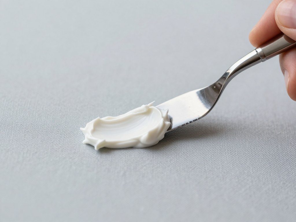 Hand using a palette knife to pull white texture paste into a petal shape