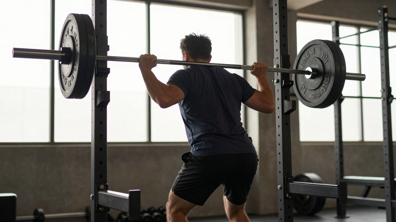 Person seen from behind gripping a barbell at a squat rack in a gym