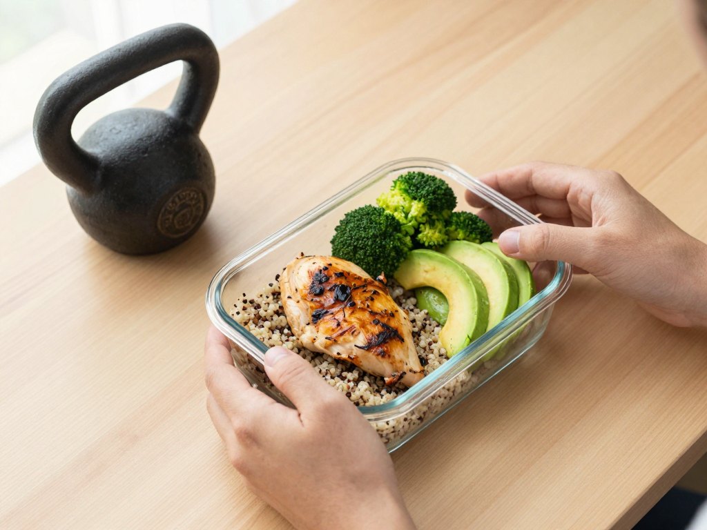 Hands packing a balanced meal into a container beside a small kettlebell