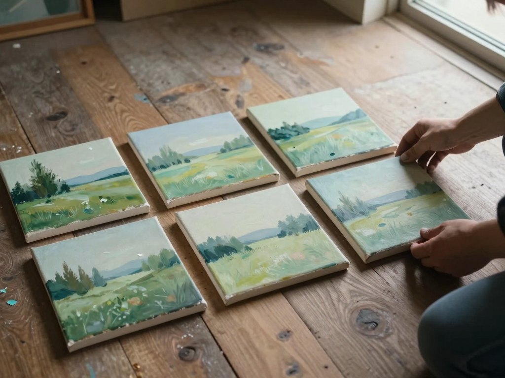 Hands arranging five small landscape paintings on a wooden studio floor
