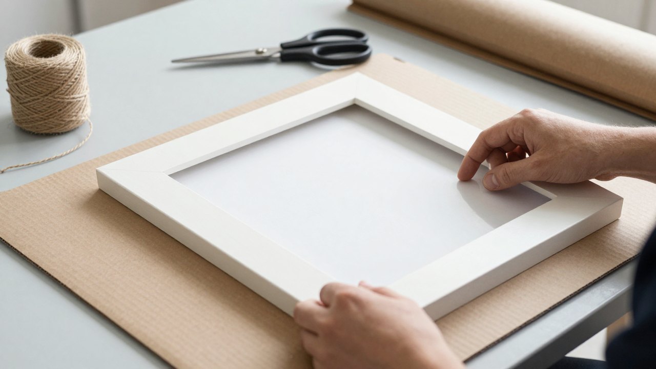 Hands wrapping a framed painting in paper and cardboard for shipping