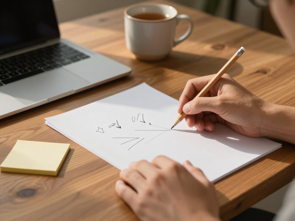 Hands with a pencil over a blank sheet beside a closed laptop and a mug of tea