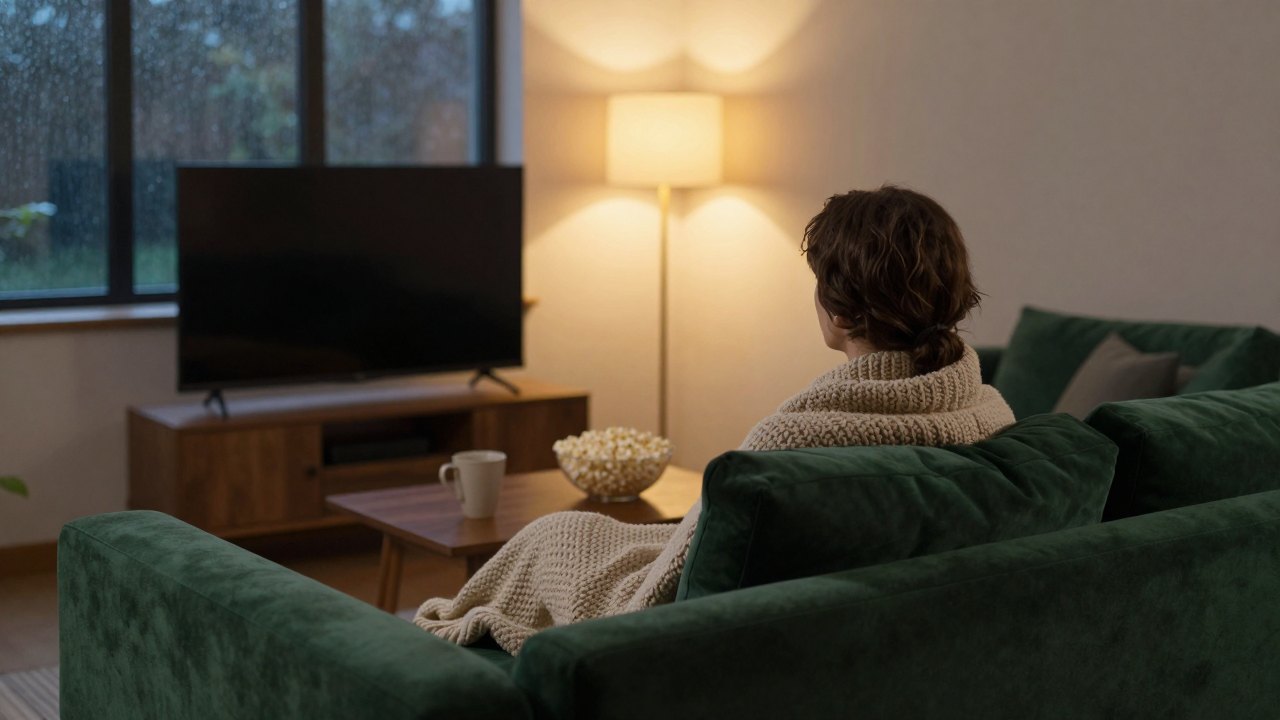 Person seen from behind on a green sofa in a cozy living room at dusk