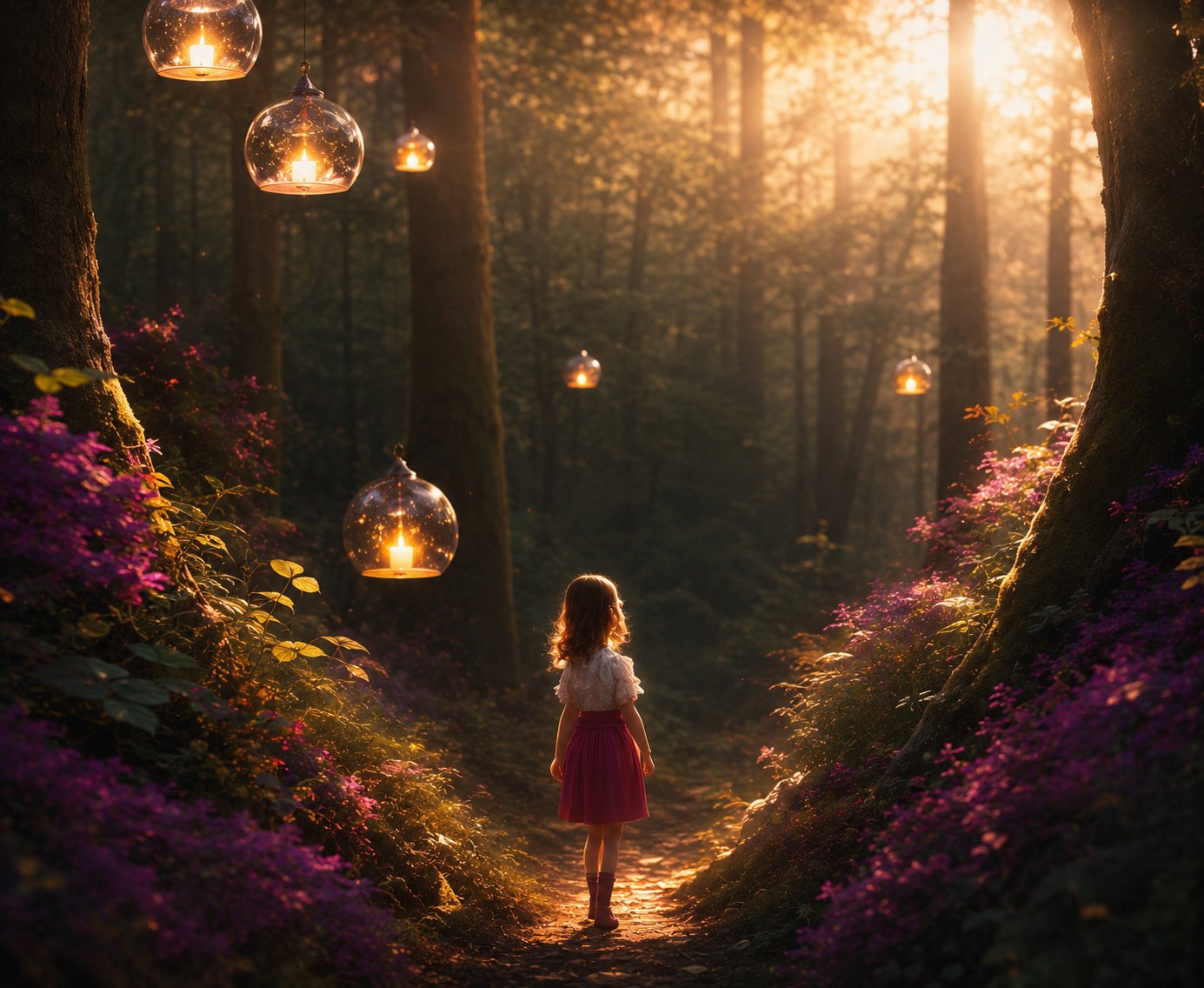 Girl walking along a forest path lit by glowing lanterns