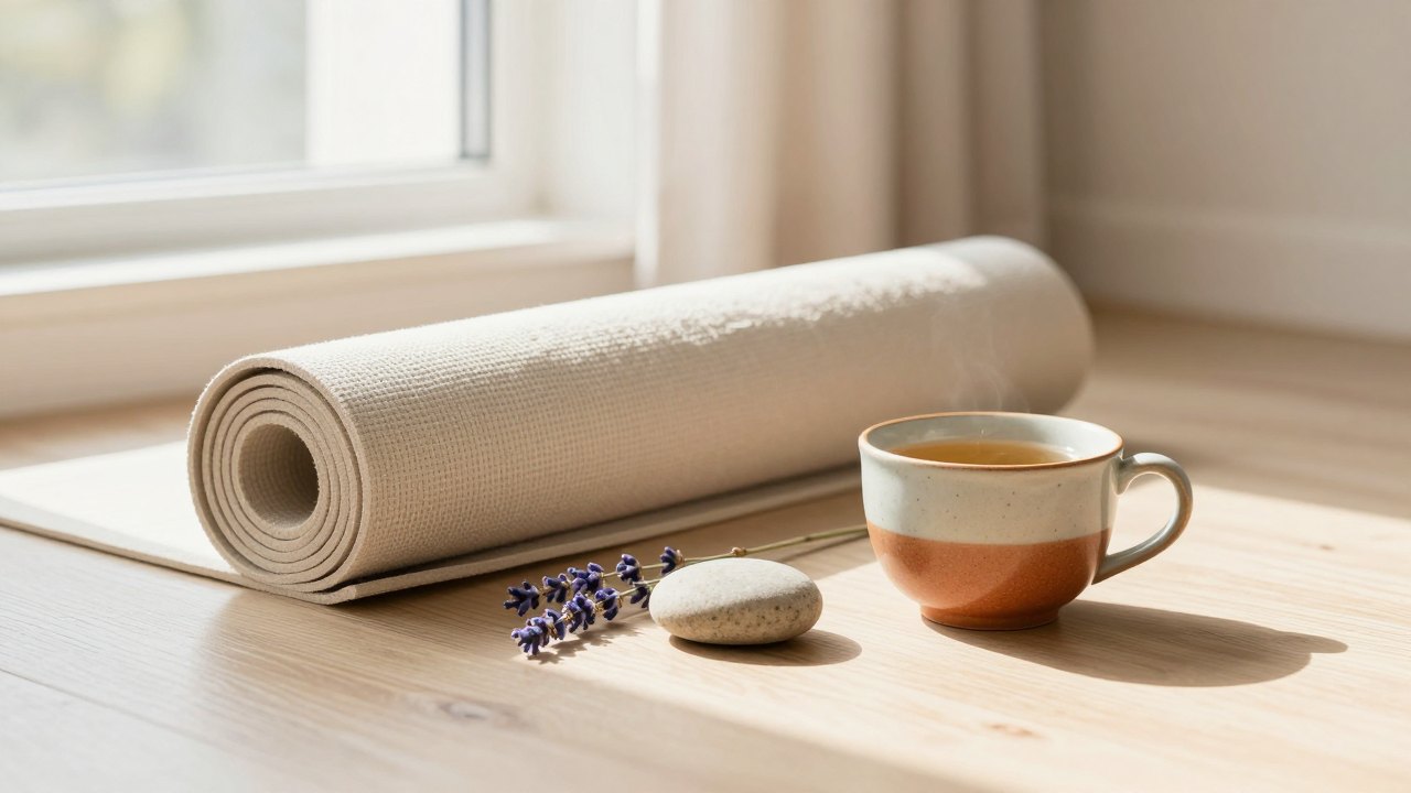 Rolled yoga mat, smooth stone and tea cup on a wooden floor in morning light