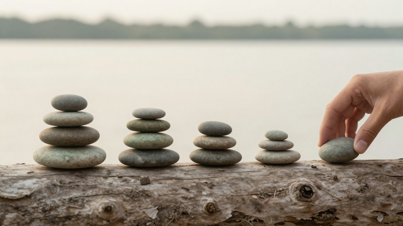 A hand places the last of several smooth stones in an ascending row on driftwood