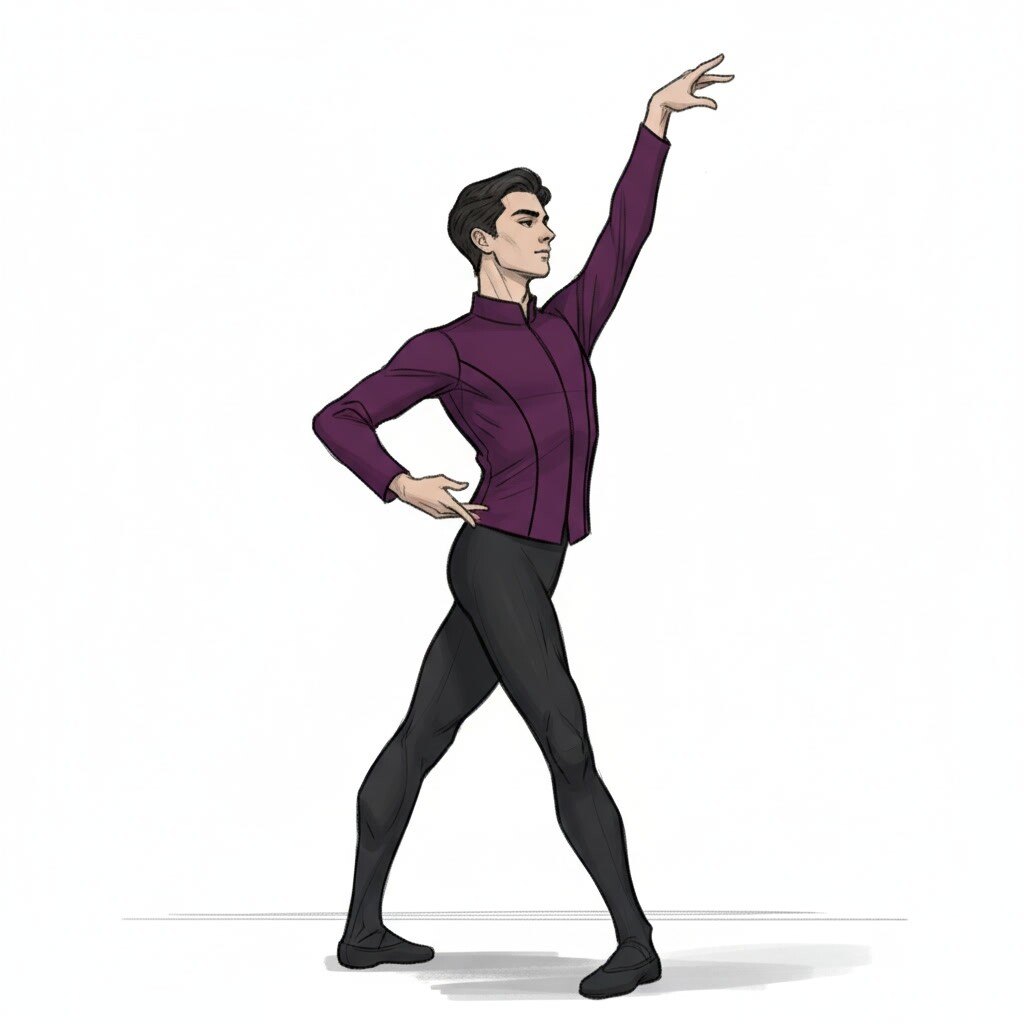 Illustration of a male ballet dancer in a purple jacket and black tights with one arm raised