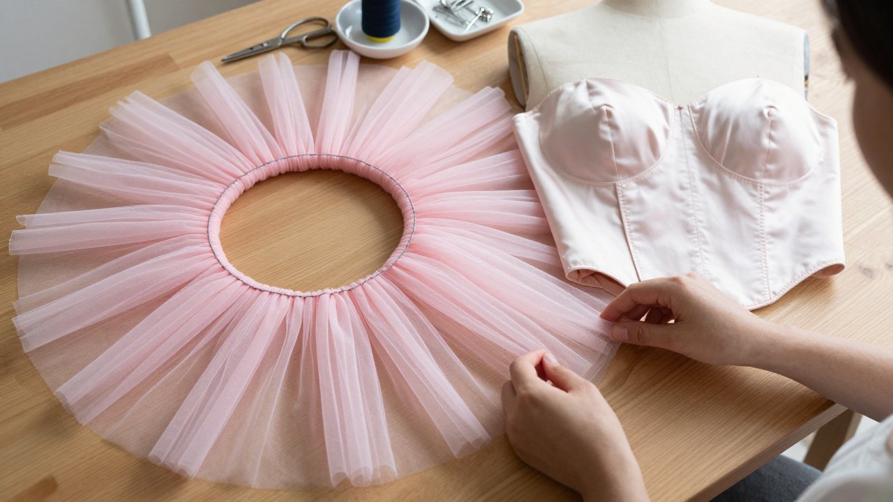 Hands smoothing layered pink tulle beside a pinned satin bodice on a sewing table