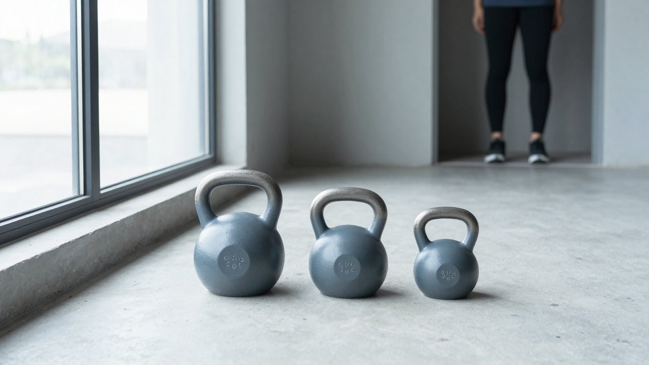 Three kettlebells in graduated sizes lined up on a concrete floor near a window