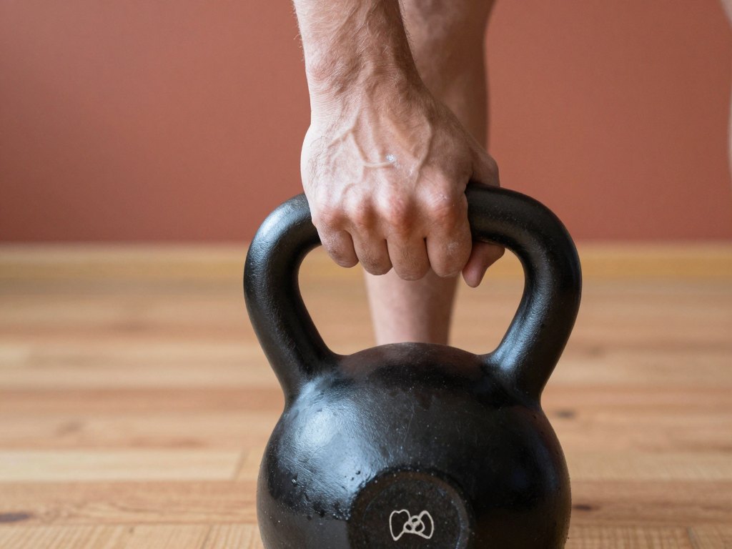 Hands gripping the handle of a kettlebell for the first time on a wooden floor