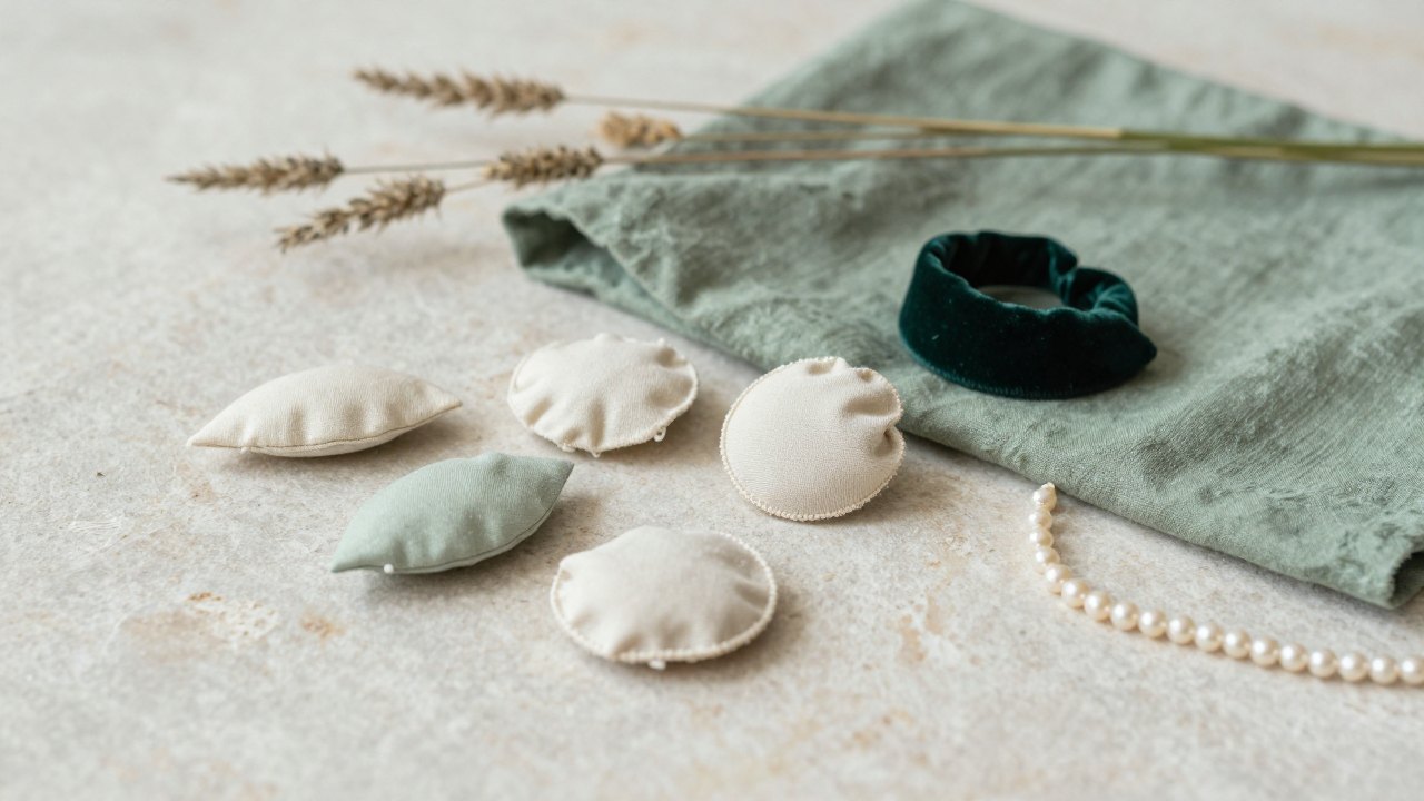 Finished fabric flower brooches and a small headpiece resting on green linen with dried grasses