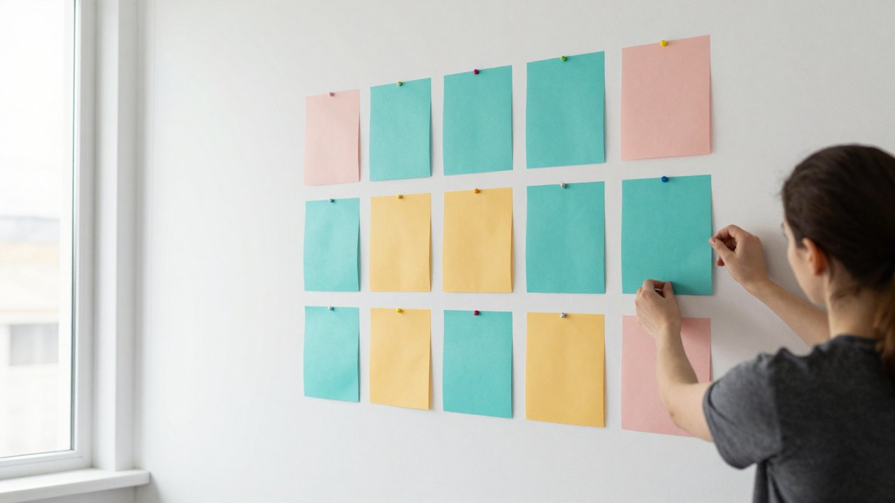 Person seen from behind arranging colored paper squares in a grid on a studio wall