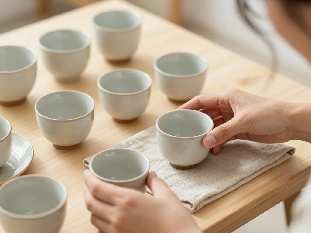 Hands arranging handmade ceramic cups and linen on a wooden table for a product photo