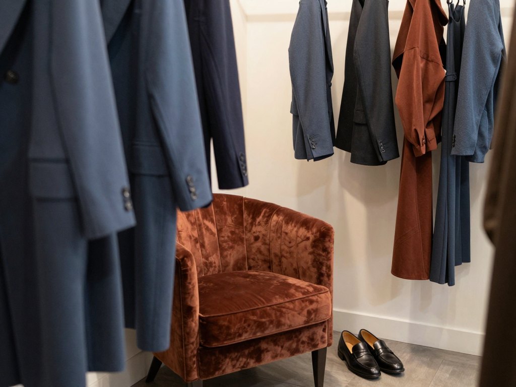 Several tried-on garments draped over an armchair beside a fitting room