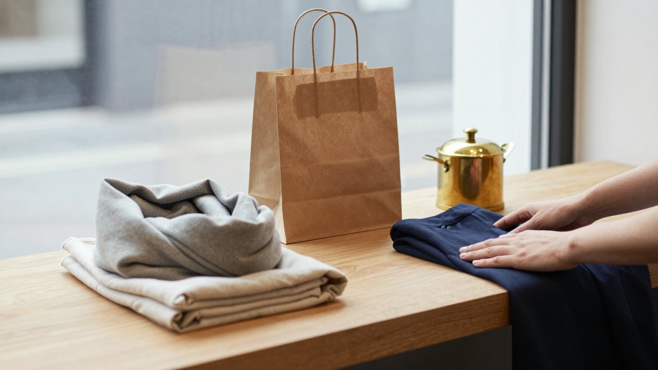Hand placing a folded garment on a wooden shop counter beside a paper bag