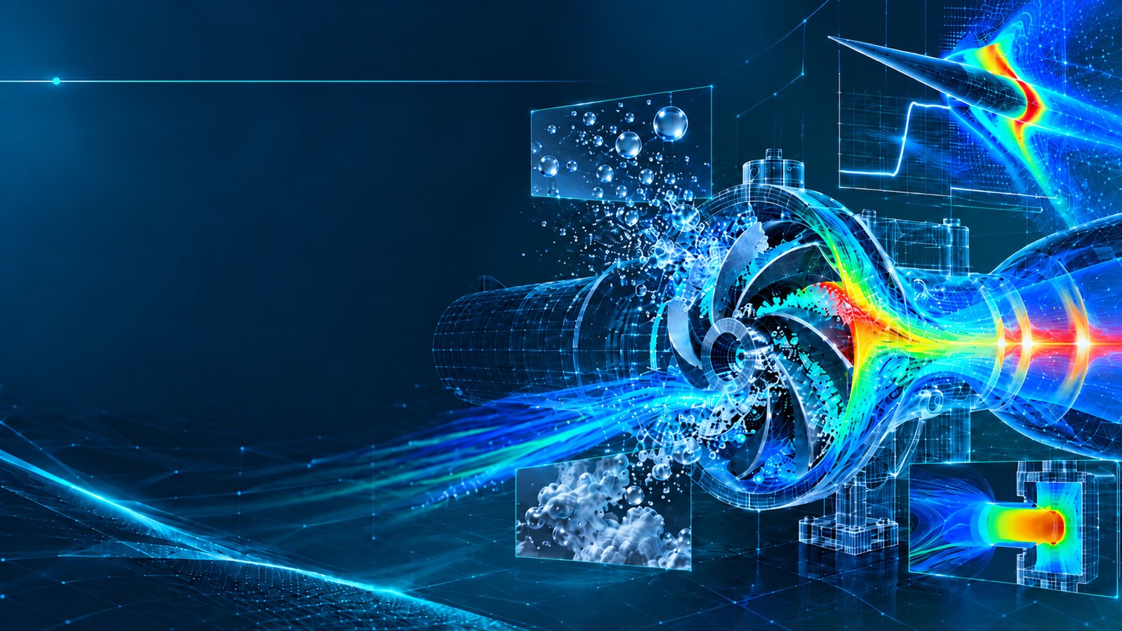 Fluid dynamics simulation of a pump impeller with colourful flow streamlines