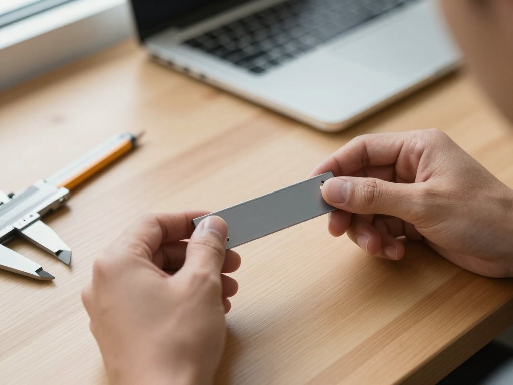 Hands holding a small grey 3D-printed bracket on a wooden desk beside a closed laptop