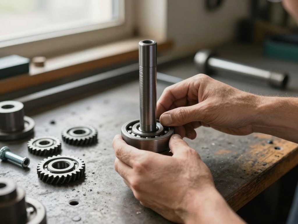 Hands assembling a steel shaft into a bearing housing on a workbench
