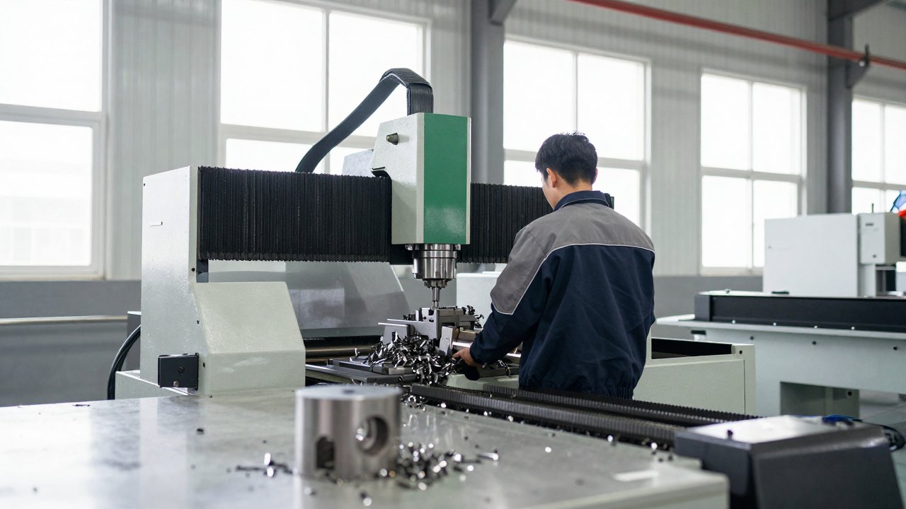 Person seen from behind standing at a milling machine in a bright workshop
