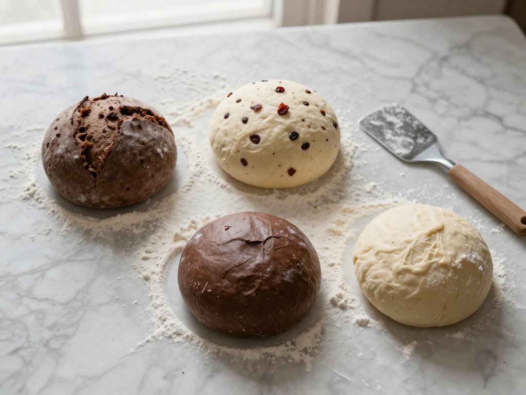 Four different bread doughs, dark rye, fruit, chocolate and wheat, resting on a floured marble counter