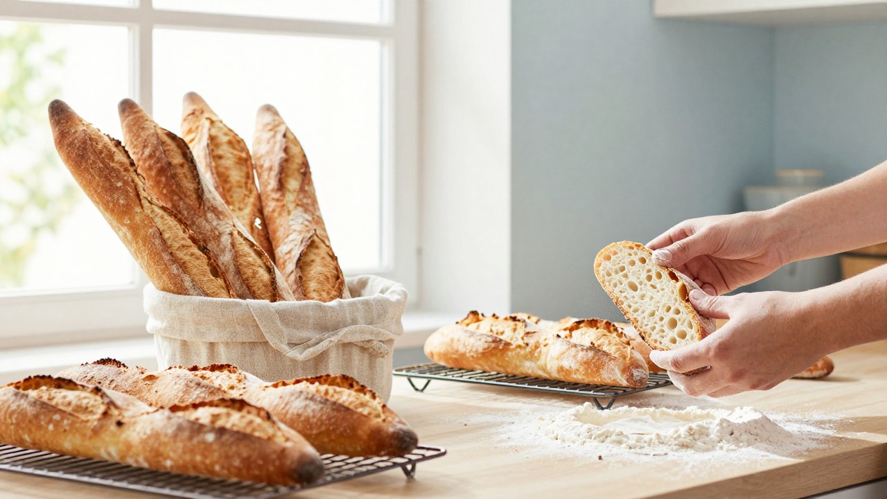 Hands tearing open a golden baguette beside a rack of light wheat loaves near a sunny window