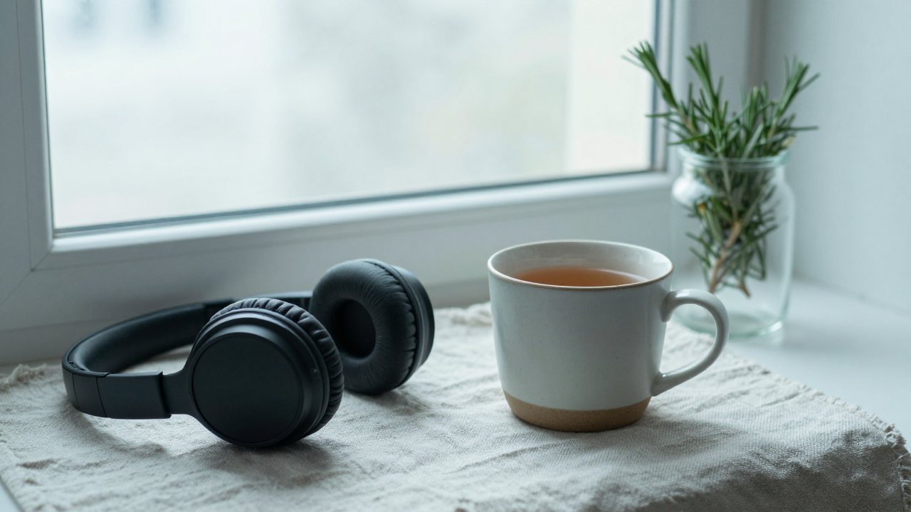 Headphones, a mug of tea and a rosemary sprig on a linen cloth by a window