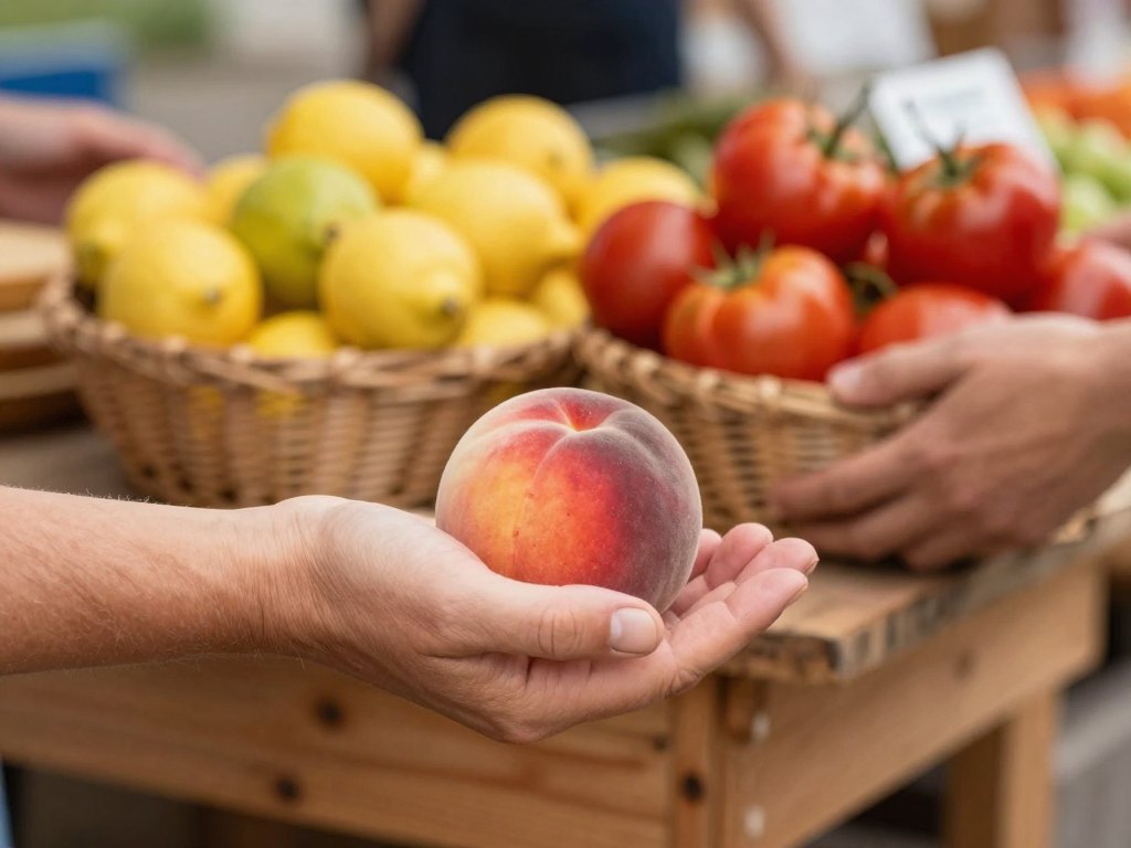 Hands exchanging a peach over a market stall with tomatoes and lemons in a basket
