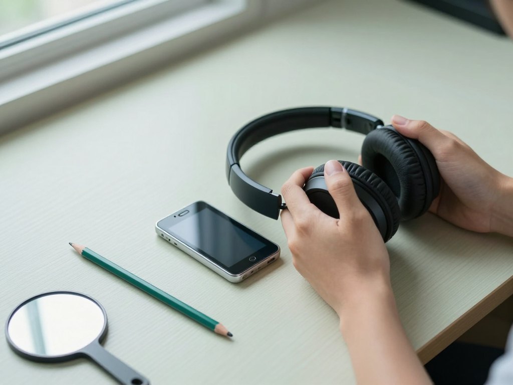 Hands holding headphones on a wooden desk beside a small hand mirror and pencil