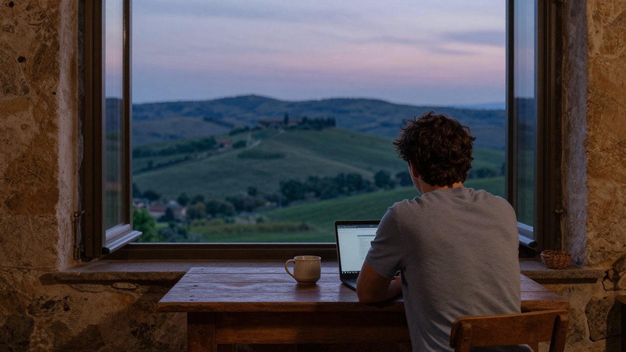 Person seen from behind at a window table overlooking rolling hills in evening light