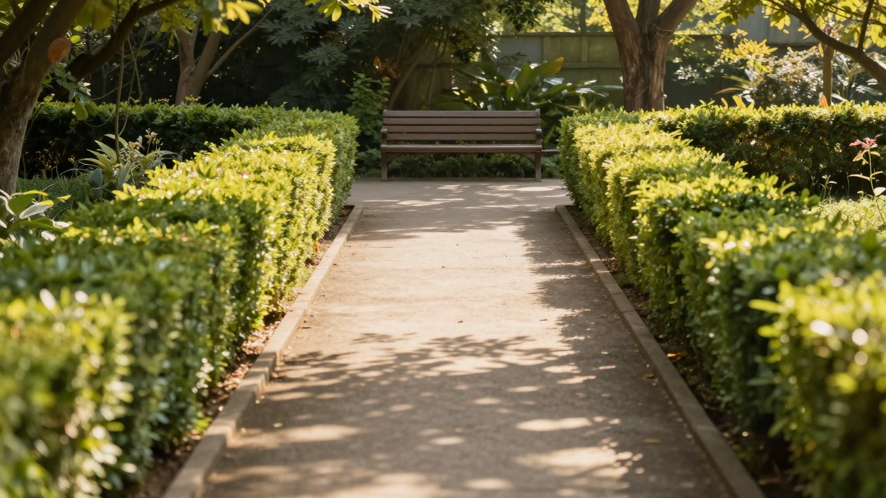 Quiet garden path between hedges leading to a wooden bench under a tree
