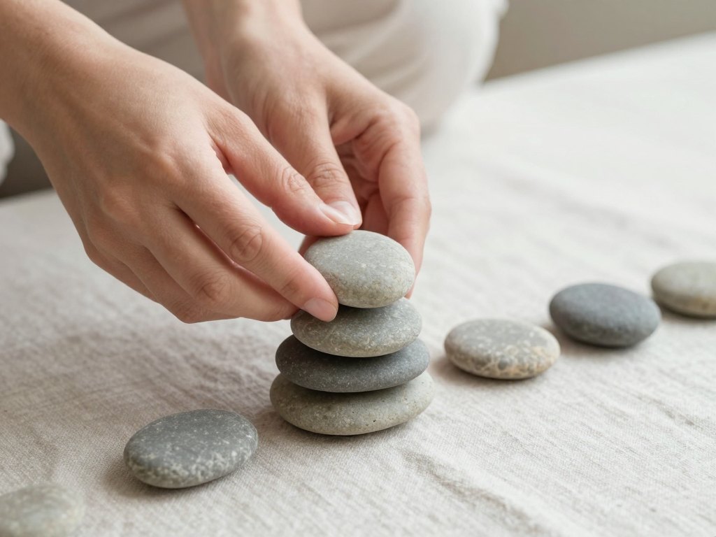 Hands stacking smooth pebbles one at a time on linen cloth