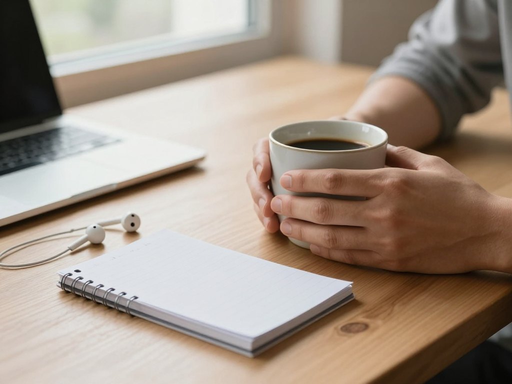 Hands holding a coffee cup beside a closed laptop and earphones on a wooden table