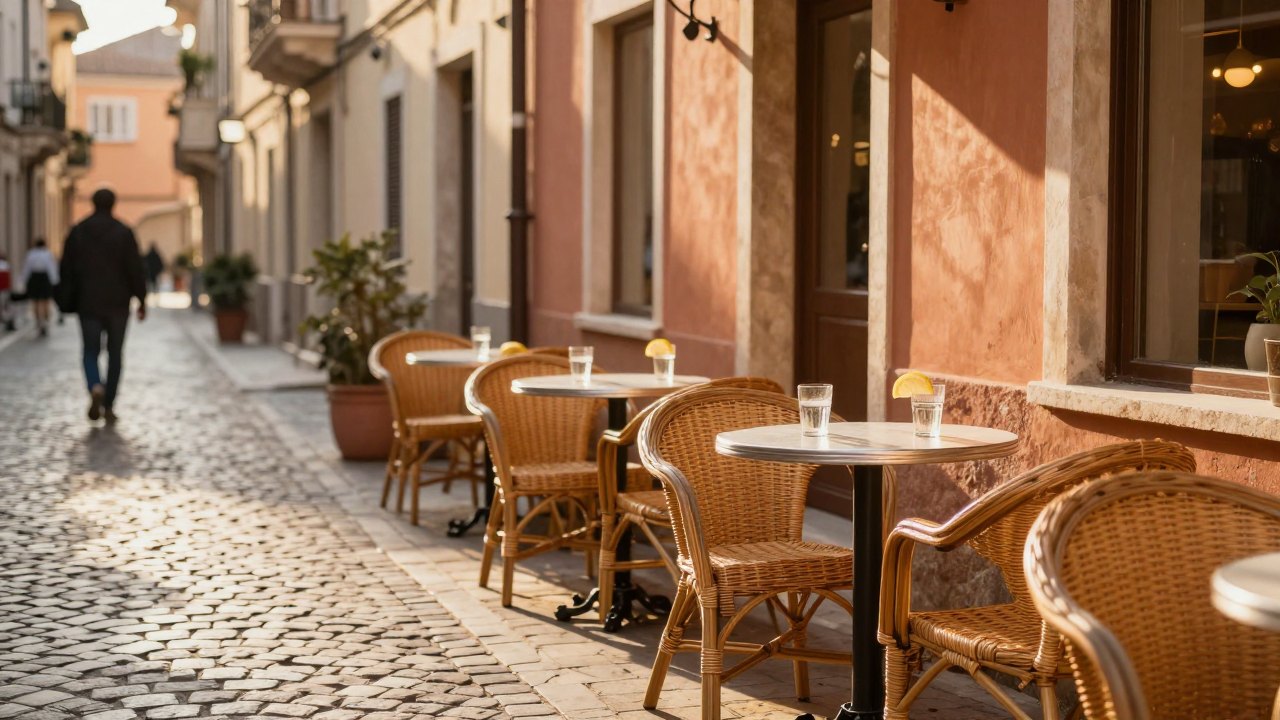 Sunlit café terrace with empty chairs and tables on a cobblestone street in an old town