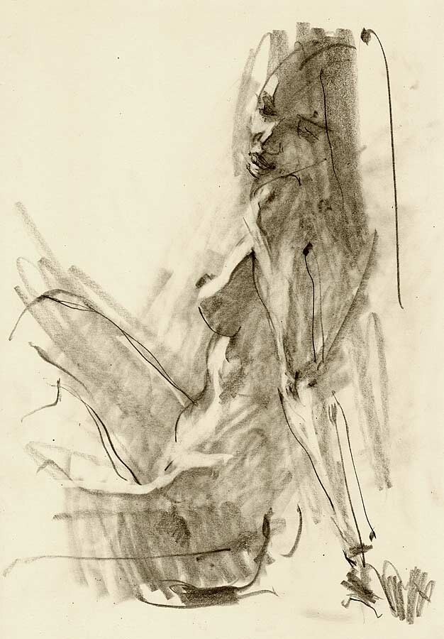 Charcoal sketch of a seated figure drawn in loose expressive lines