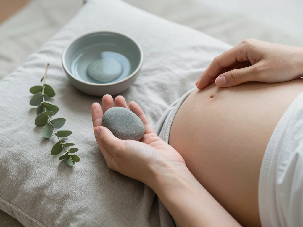 Hands resting on the abdomen holding a smooth pebble beside a bowl of water