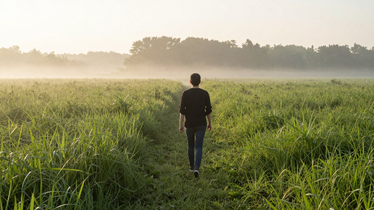 Person seen from behind walking along a path through a misty meadow at sunrise