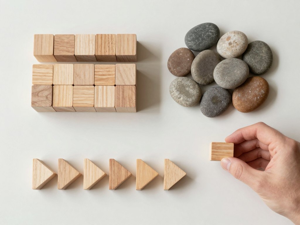 Hand arranging wooden cubes, smooth stones and wedge shapes in three groups on a desk