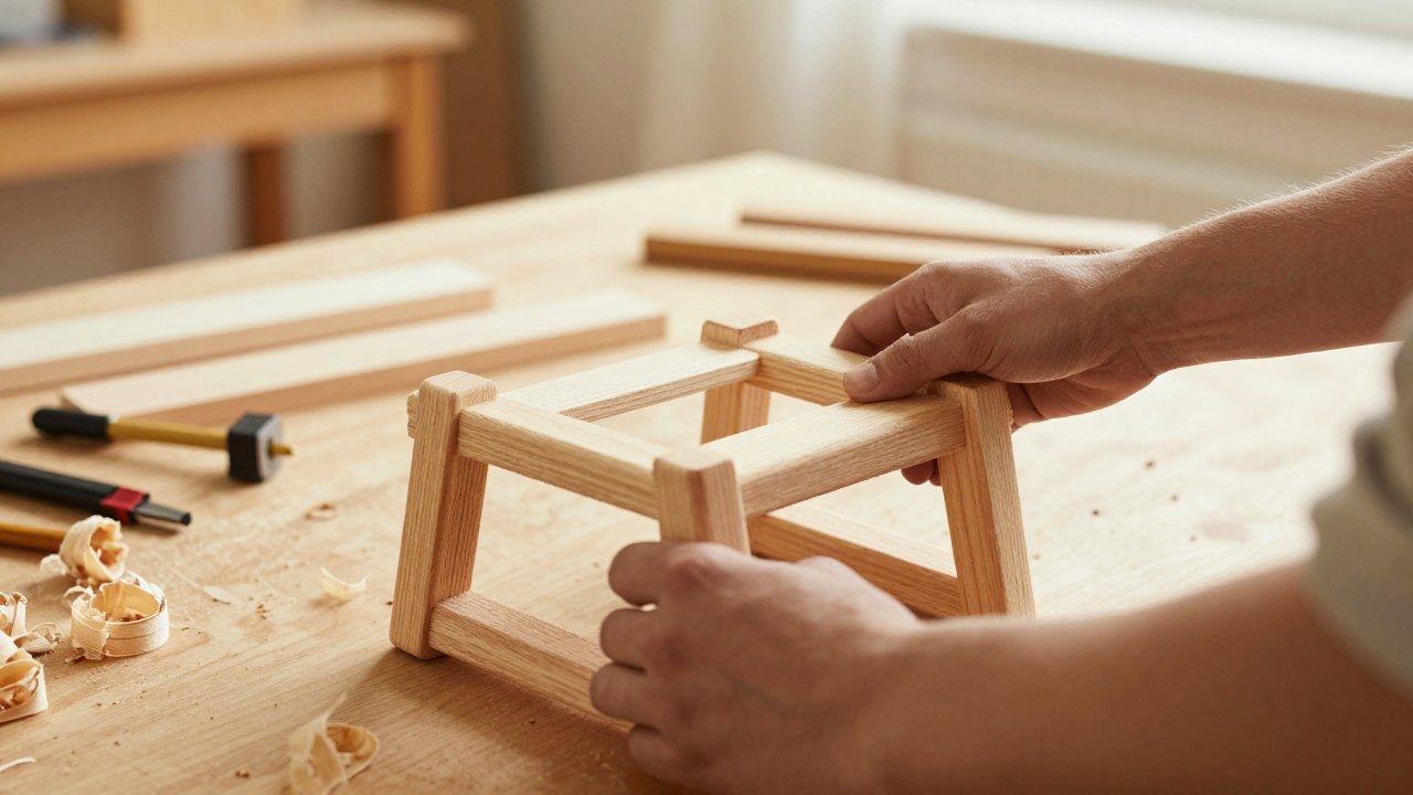 Two pairs of hands assembling a small wooden stool together on a workbench