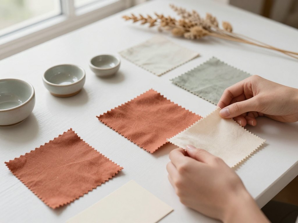 Hands arranging fabric swatches, ceramics and dried grasses on a table while planning a colour palette
