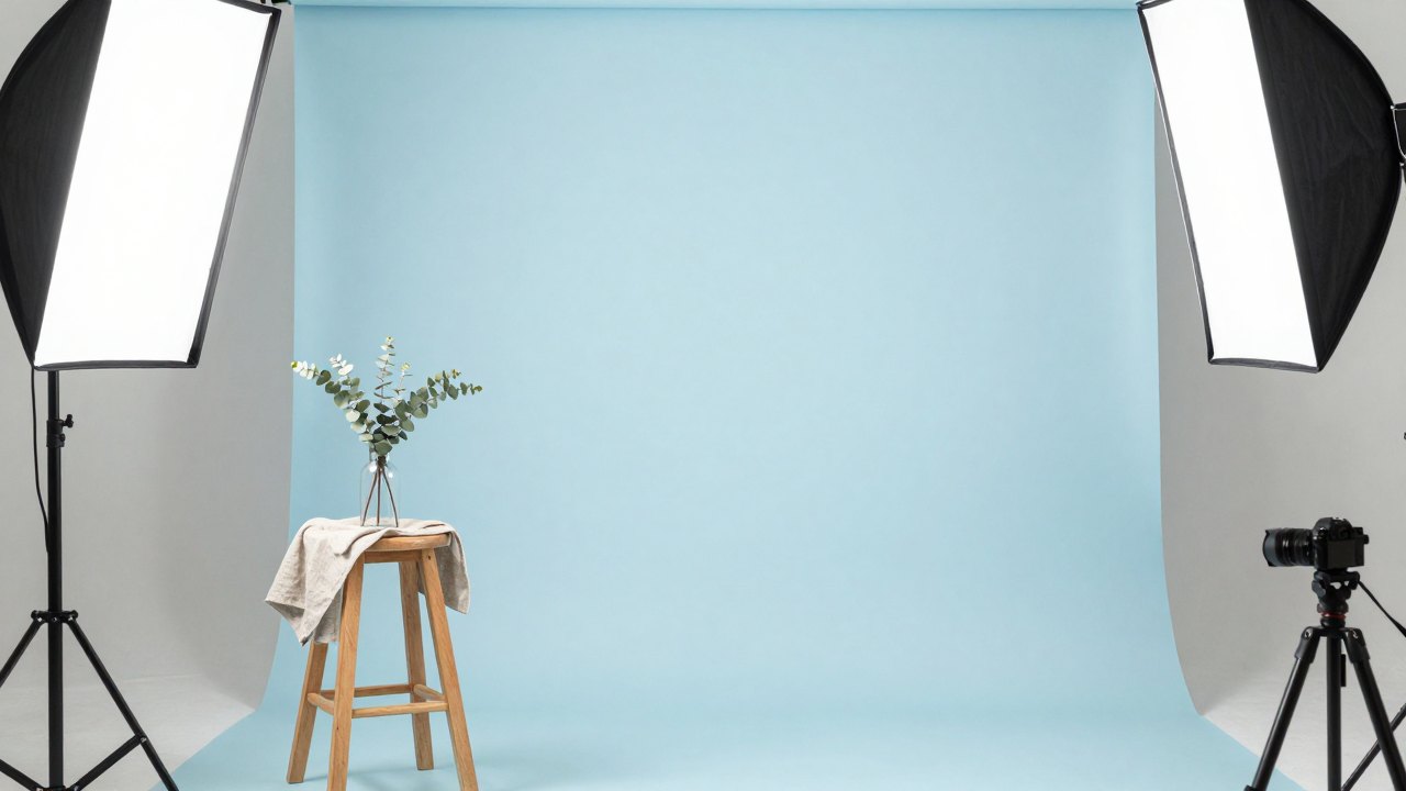 Photography studio set with blue backdrop, stool, linen and vase, softbox and tripod ready for a shoot