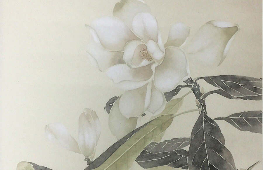 Delicate painting of a white magnolia blossom with buds and dark and green leaves