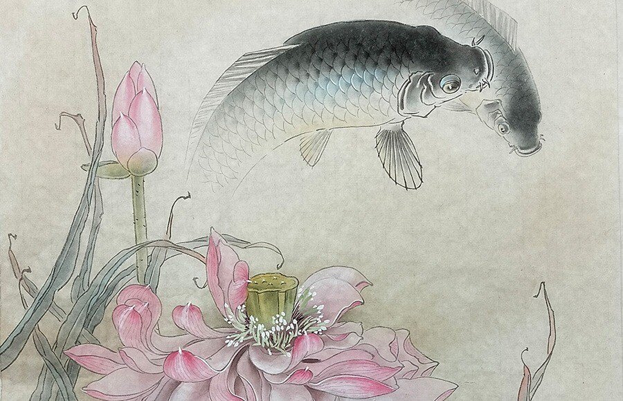 Painting of a carp leaping above a pink lotus flower and bud with reeds