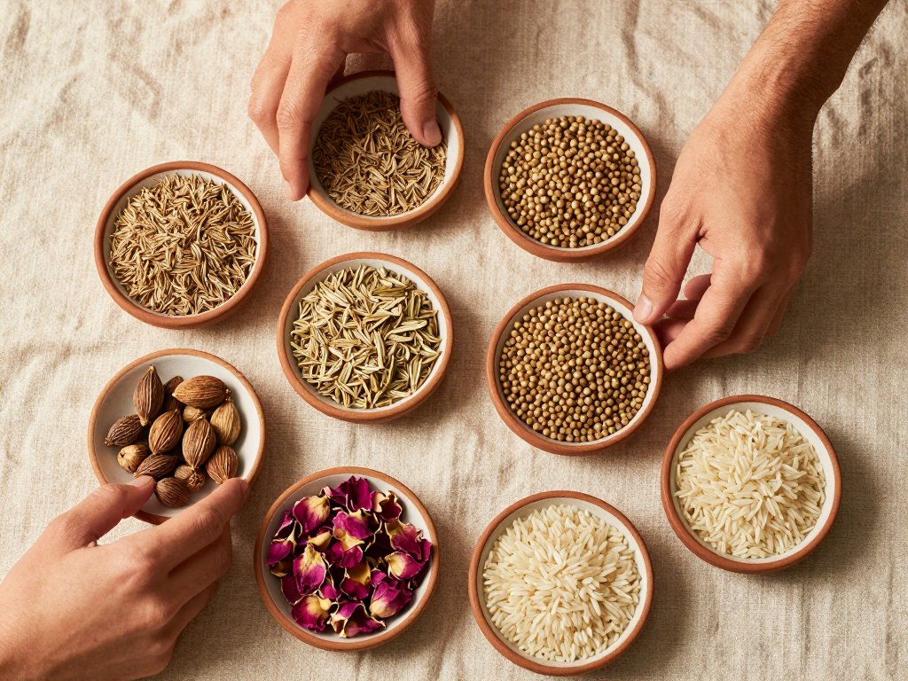 Hands arranging small dishes of spices, grains and dried petals on linen