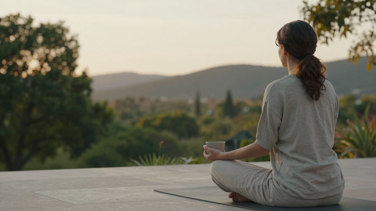 Woman seen from behind sitting on a garden terrace at sunset with a warm cup