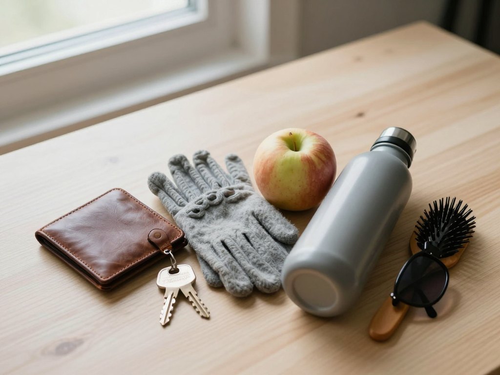 Everyday items from a bag laid out on a light wooden table