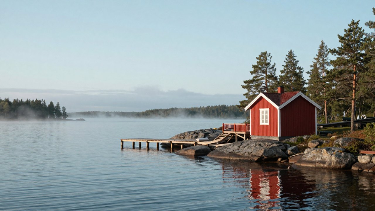 Red wooden cabin and jetty beside a calm lake in morning mist