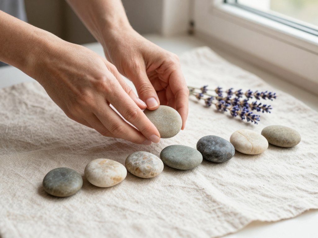 Hands placing a smooth stone at the start of a row of pebbles on linen